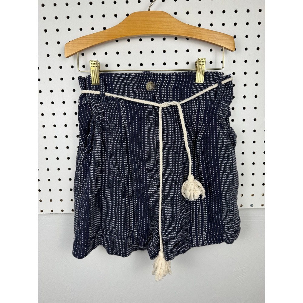 Ariat Navy White Kantha Stitch Paperbag Waist Shorts with Tassel Rope Belt Small